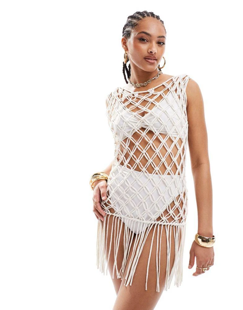 Miss Selfridge Miss Selfridge festival beach macrame fringe detail mini dress in cream 1