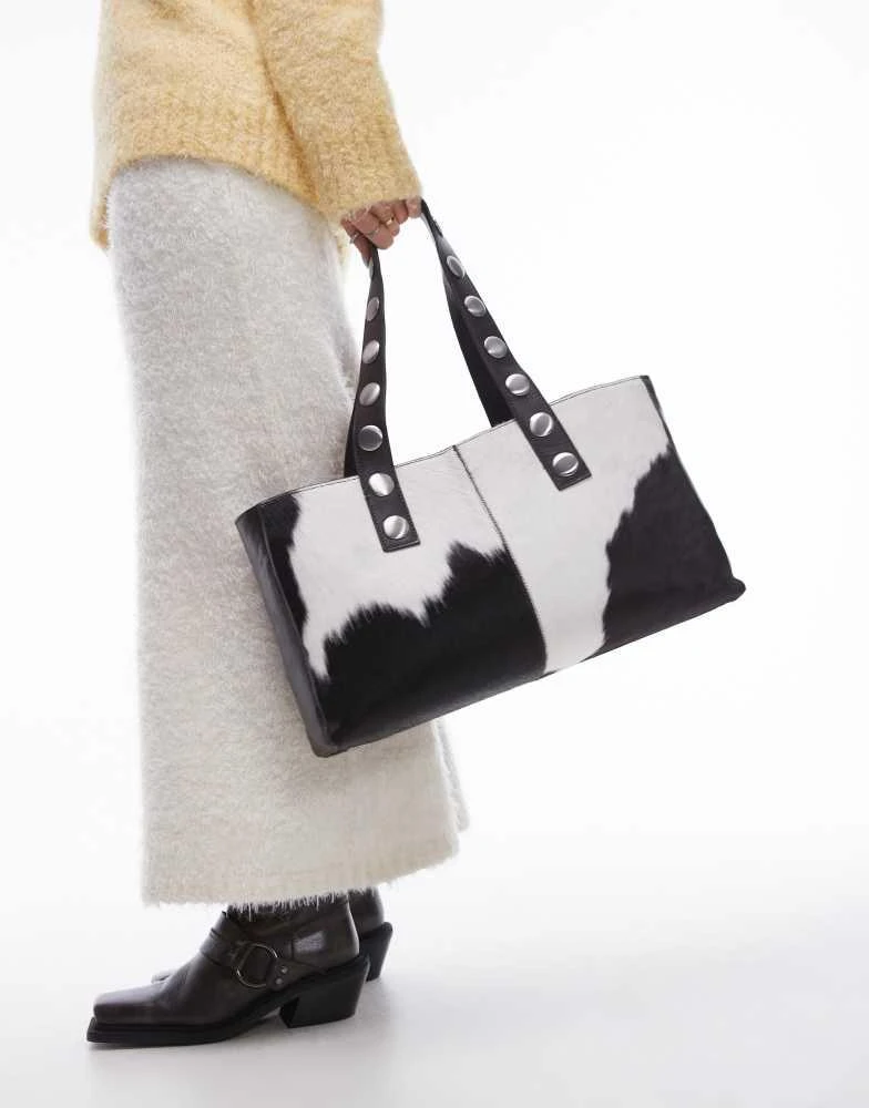 Mango Mango studded strap leather cow print bag in brown 1
