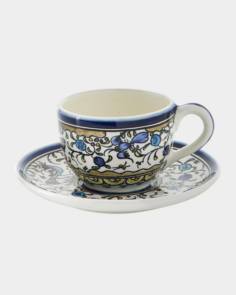 Neiman Marcus Pavoes Blue and Green Cups 
Saucers, Set of 4