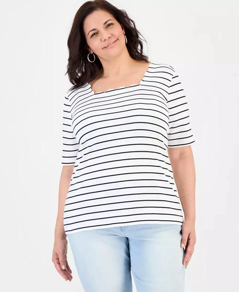 Style & Co Plus Size Scalloped Square-Neck Striped Top, Macy's Exclusive