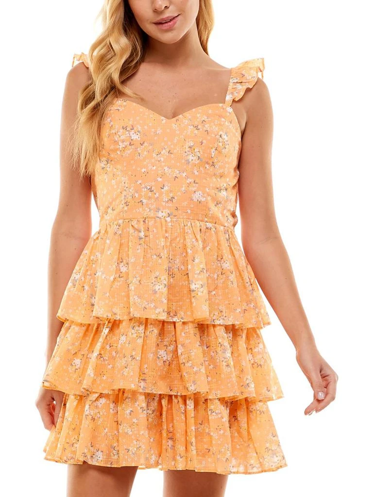 City Studio Juniors Womens Floral Tiered Fit & Flare Dress 1