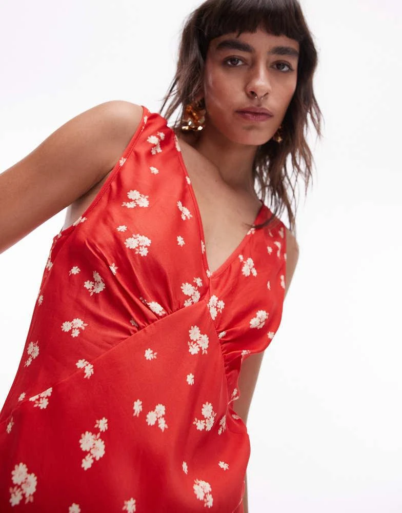Topshop Topshop double v midi slip dress in red ditsy print 3