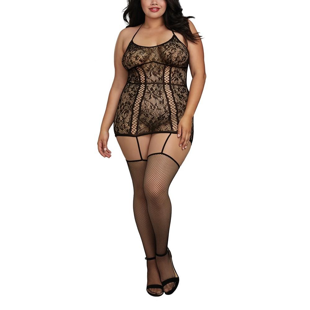 Dreamgirl Women's Plus Size Lace Garter Lingerie Dress with Criss-Cross Details and Fishnet Stockings