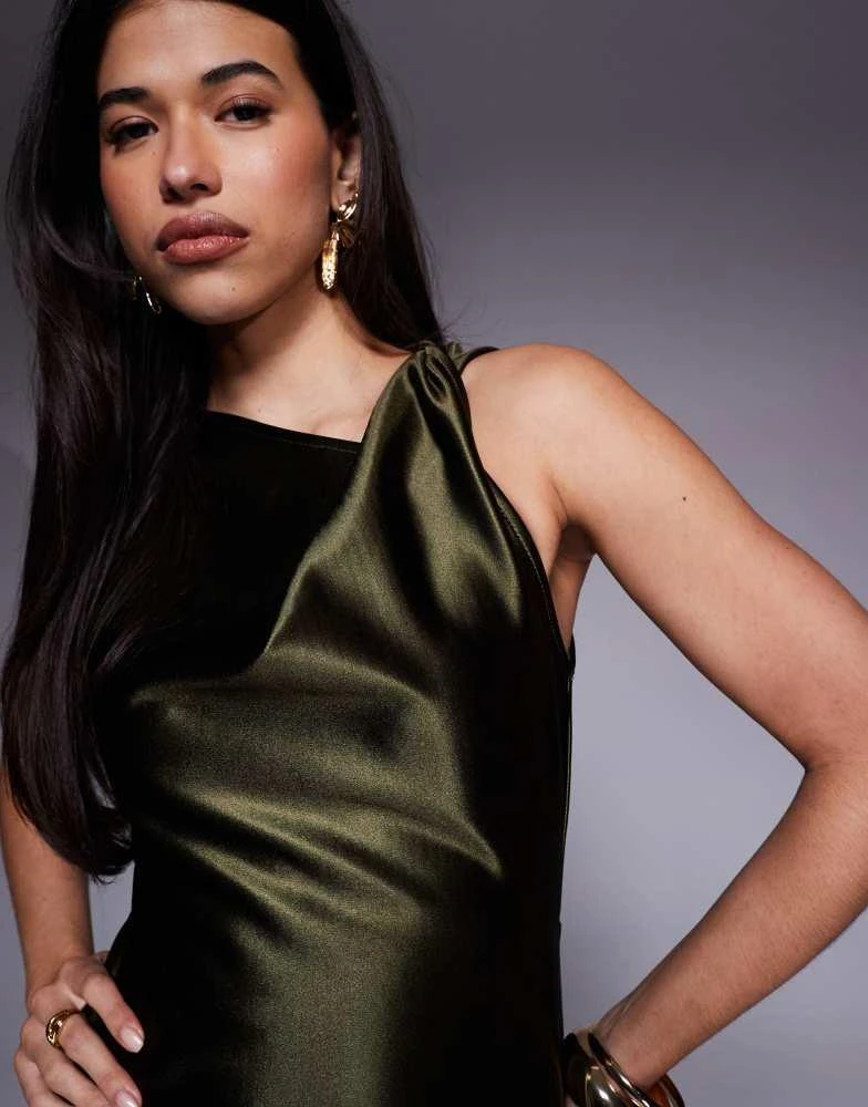khaki satin mini dress Women's Khaki Satin Wrap Detail Mini Dress