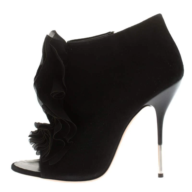 Giuseppe Zanotti Giuseppe Zanotti Black Suede Peep Toe Silk Ruffle Detail Ankle Booties Size 40.5 2