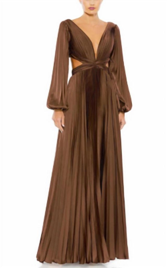 Ieena for Mac Duggal Ieena For Mac Duggal Long Sleeve Pleated Cut-Out Gown In Espresso