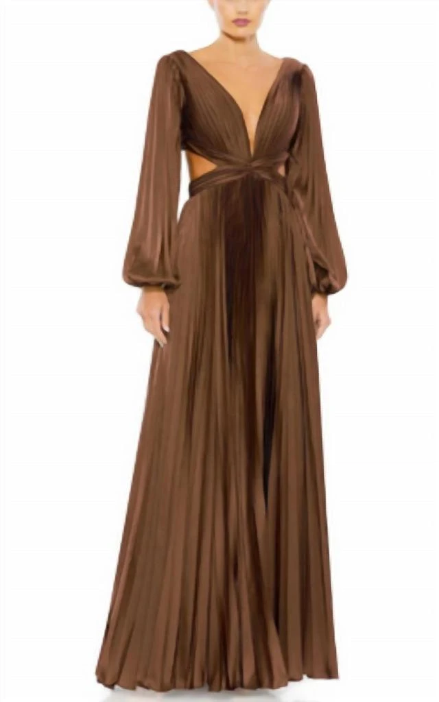 Ieena for Mac Duggal Ieena For Mac Duggal Long Sleeve Pleated Cut-Out Gown In Espresso 1