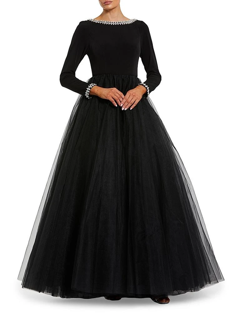 Mac Duggal Women's Embellished Jersey Long Sleeve Ballgown With Tulle Skirt - Black - Size 10 Mac Duggal Women's Embellished Jersey Long Sleeve Ballgown With Tulle Skirt - Black - Size 10