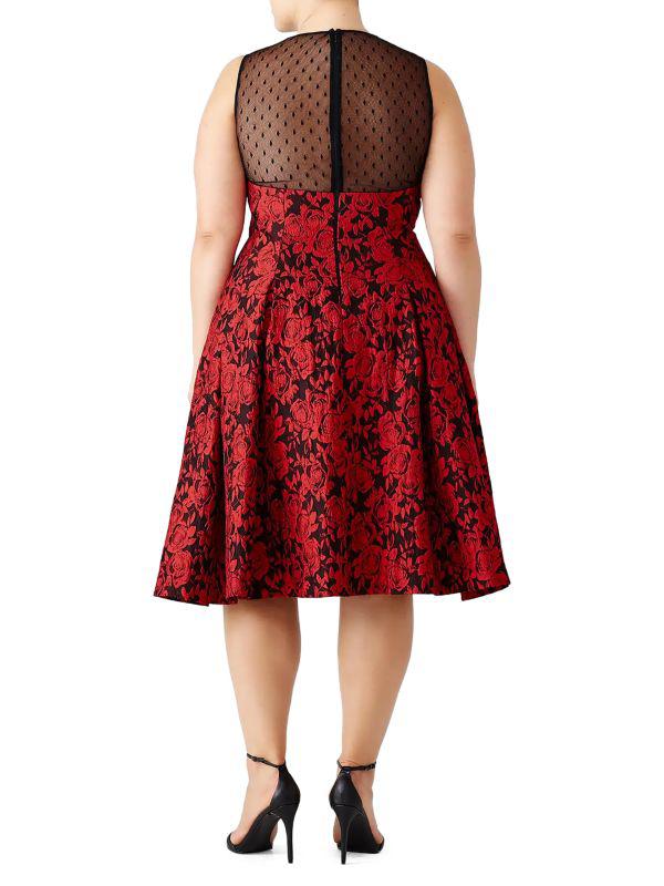 Carmen Marc Valvo Floral & Swiss Dot Midi A-Line Dress
