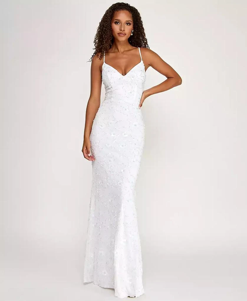 City Studios Juniors' Glitter-Lace Tie-Shoulder Sweetheart Gown - Ivory Silver Rose Petal - Size 13/14