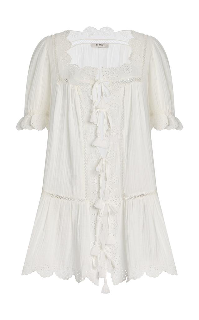 Sea Sea - Mae Eyelet Cotton Mini Coverup Dress - White - XS - Moda Operandi