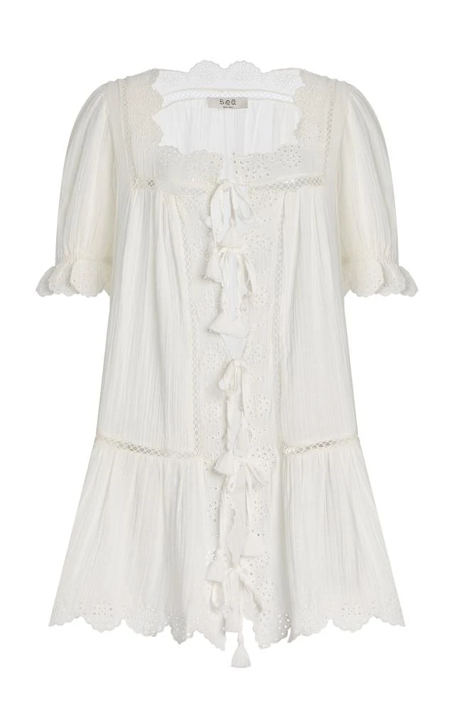 Sea Sea - Mae Eyelet Cotton Mini Coverup Dress - White - XS - Moda Operandi 1