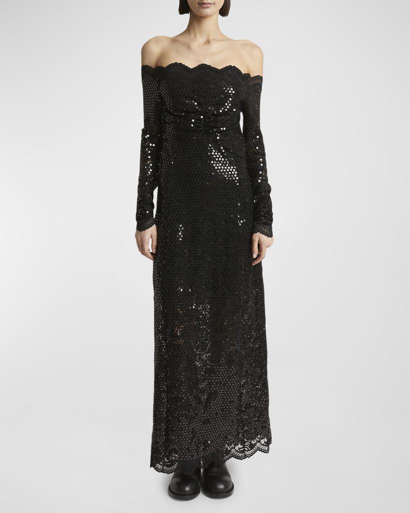 Rabanne Sequined Lace Off-The-Shoulder Long-Sleeve Maxi Dress
