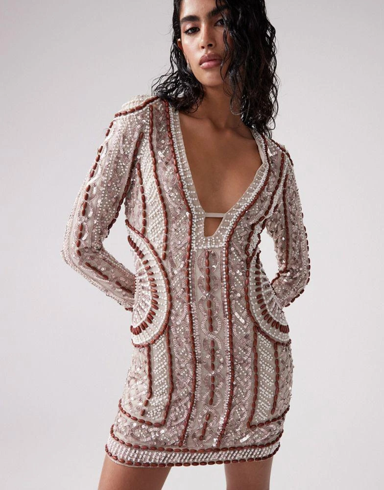 ASOS ASOS DESIGN embellished long sleeve mini dress with wooden bead detail in stone 1
