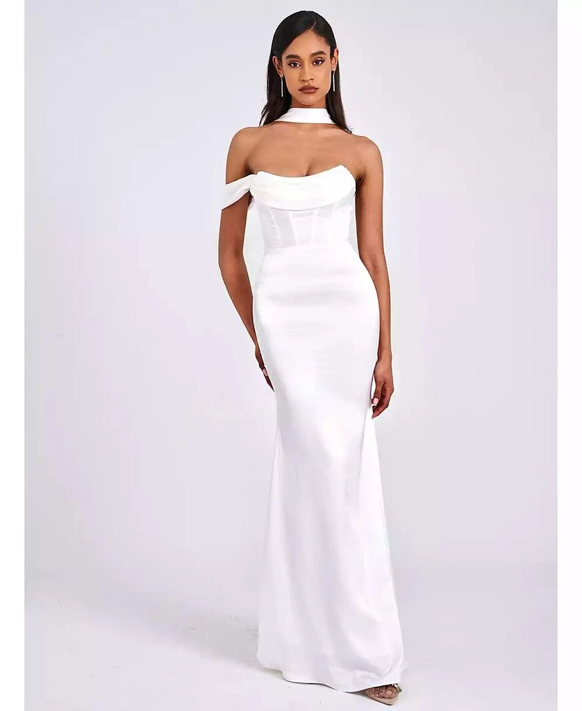 slim fit dress slacks Miss Circle Women's Natalie U Neck Halter Drop Waist Tweed Midi Dress - White