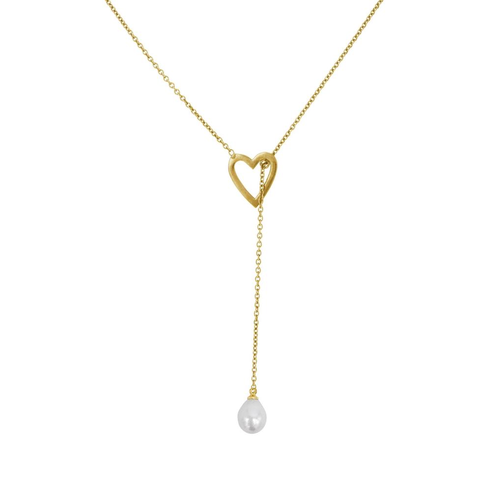 ADORNIA Tarnish Resistant 14k Gold Plated Heart and Freshwater Pearl Lariat Slide Thru Necklace