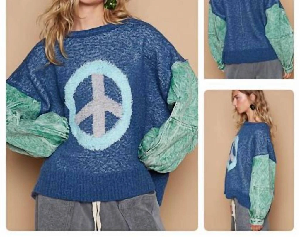 POL Peace Sign Front Sweater In Blue/mint 1