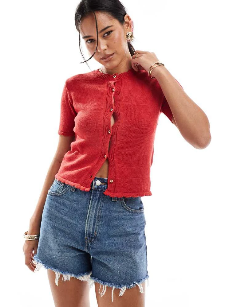 ASOS ASOS DESIGN scallop trim short sleeve cardigan with gold buttons in red 1