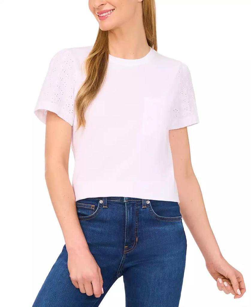 CeCe Women's Cotton Eyelet-Sleeve Patch-Pocket T-Shirt