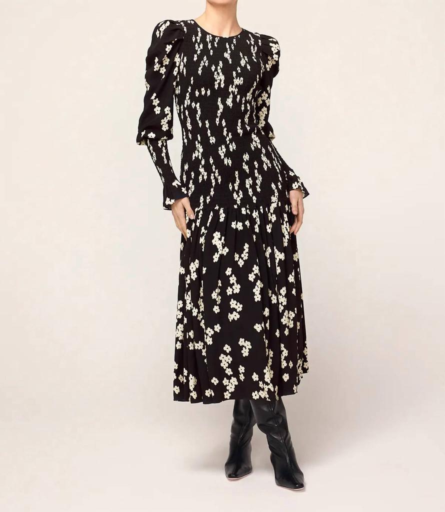 Kitri Floral Print Shirred Dress In Wren Black