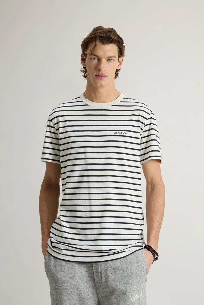 Woolrich Striped Pure Cotton T-Shirt with Logo - Men - White 1