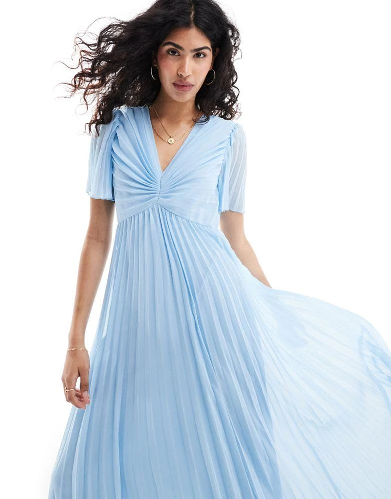 ASOS ASOS DESIGN pleated bodice flutter sleeve pleat midi dress in dusky blue 1
