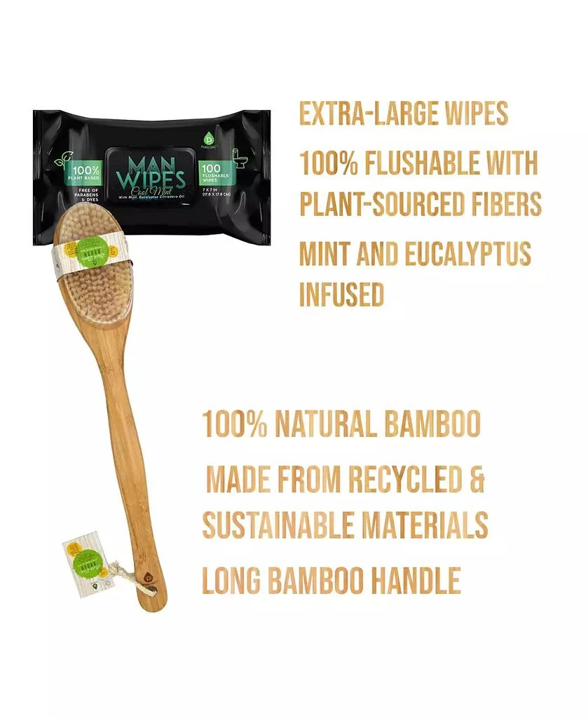 PURSONIC Minty Fresh Hygiene Bundle: 1200 Flushable Man Wipes - 12 Pack + Bath Body Brush with Bamboo Handle 3