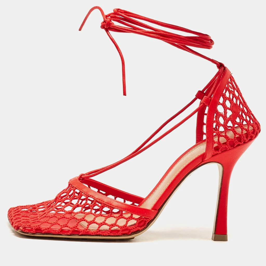 Bottega Veneta Bottega Veneta Coral Red Mesh and Leather Stretch Wrap Pumps Size 38 1