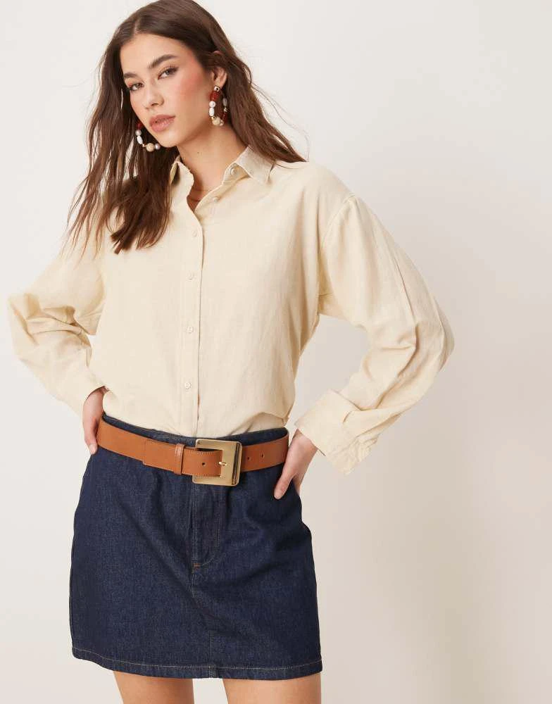 Stradivarius Stradivarius linen look long sleeve shirt in oatmeal 1