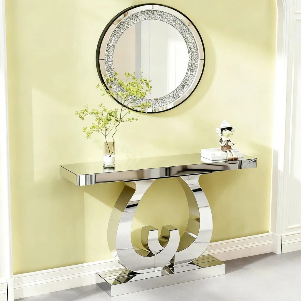 Streamdale Furniture Streamdale Modern mirror side table with double C-shaped base (silver) 4