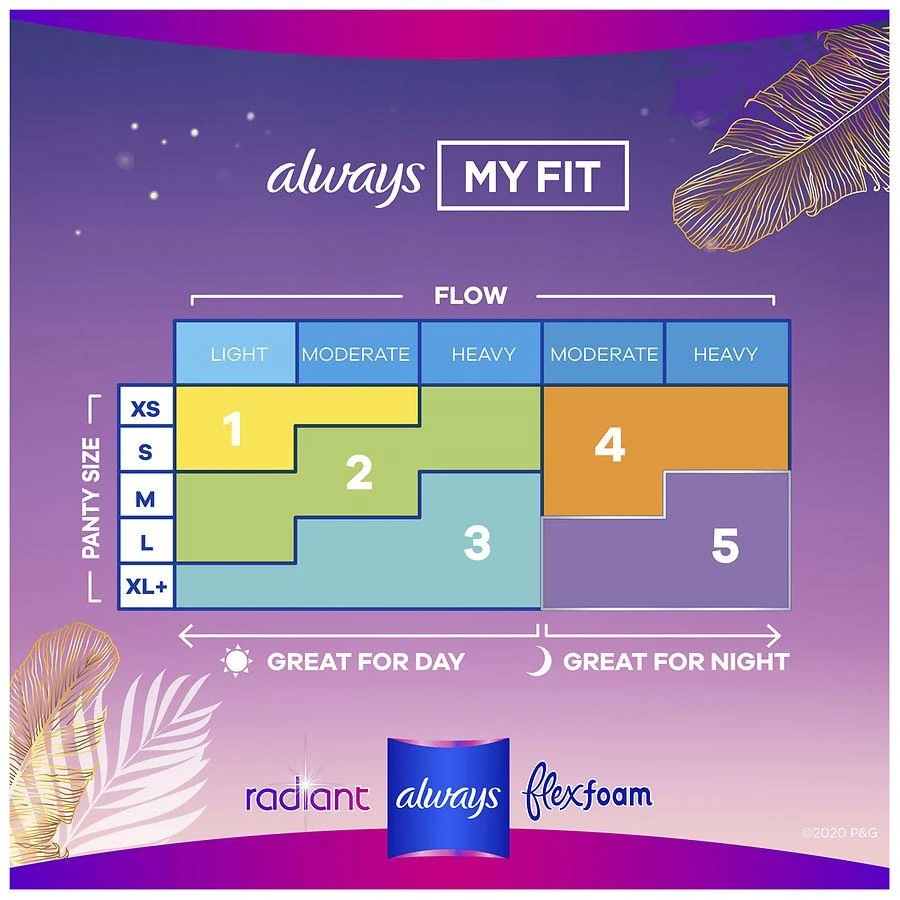 Always Radiant Overnight Feminine Pads For Women, Extra Heavy, With Wings Light Clean, Size 5 (54 ct) 4