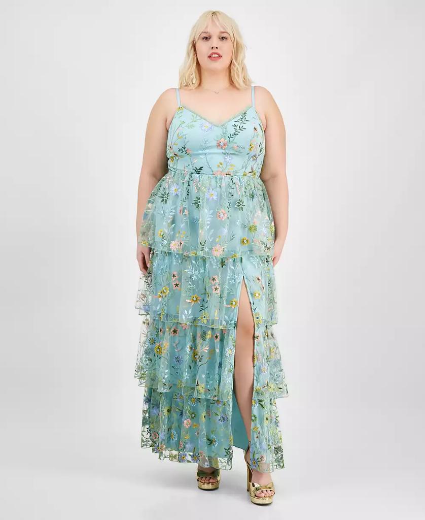 City Studios Trendy Plus Size Floral Embroidered Tiered Sleeveless Gown, Created for Macy's