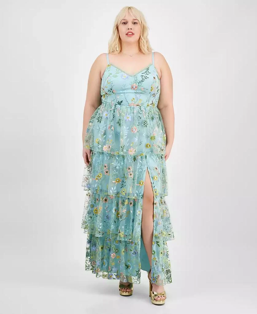 City Studios Trendy Plus Size Floral Embroidered Tiered Sleeveless Gown, Created for Macy's 1