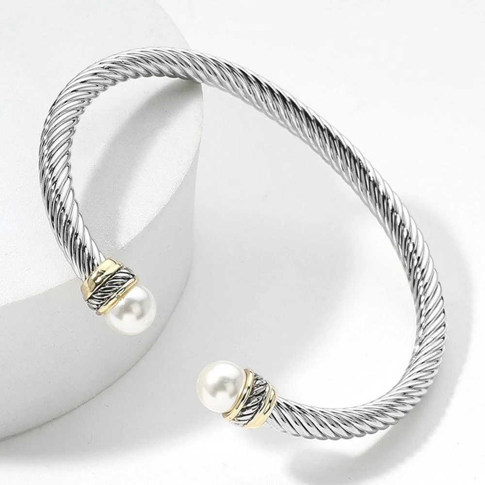 FASHNZFAB 14K Gold Plated Pearl Tip Two Tone Twisted Metal Cuff Bracelet