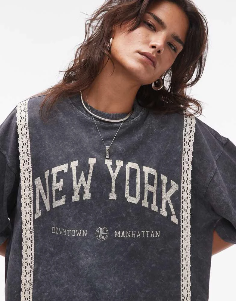 Topshop Topshop graphic New York lace trim oversized tee in dark grey 1