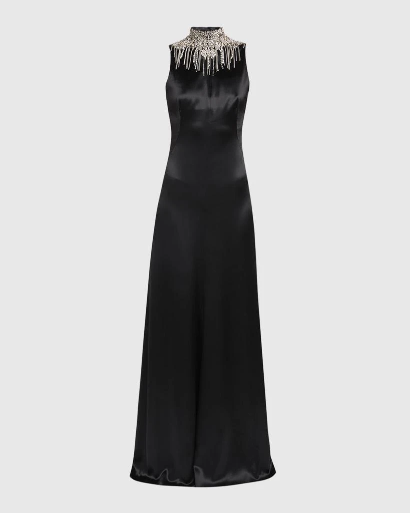 McQueen Chain Mail Turtleneck Satin Backless Evening Dress
