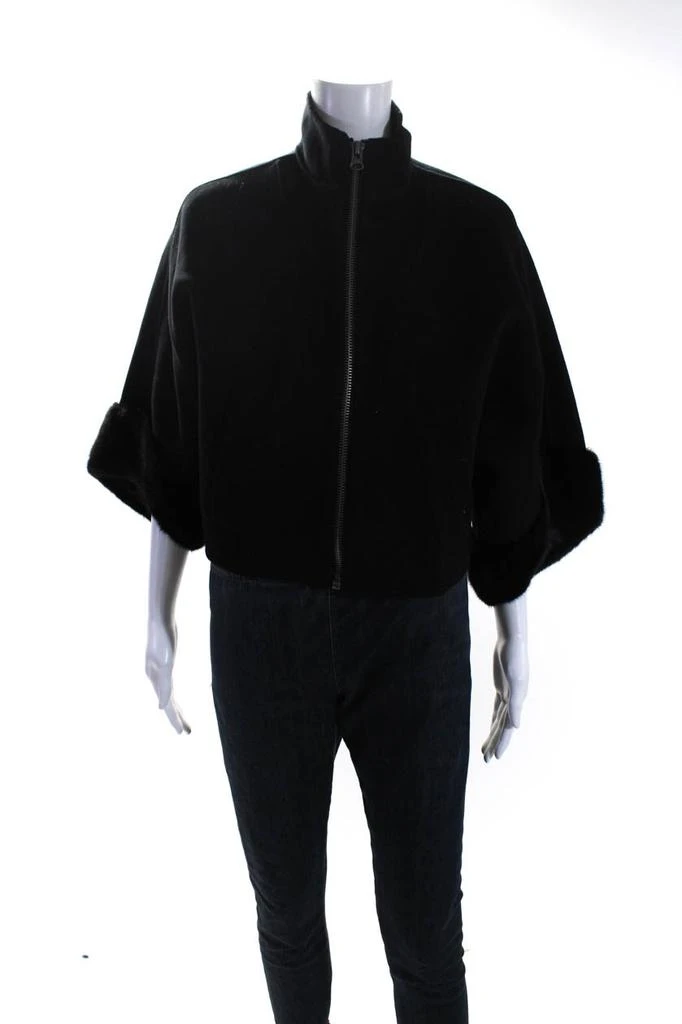 Pologeorgis Womens Mink Fur Trim Dolman Sleeve Maren Fleece Jacket Black 1