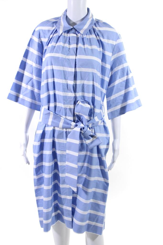 Designer Milva Mi Womens Striped Short Sleeve Button Down Belted Shift Dress Blue