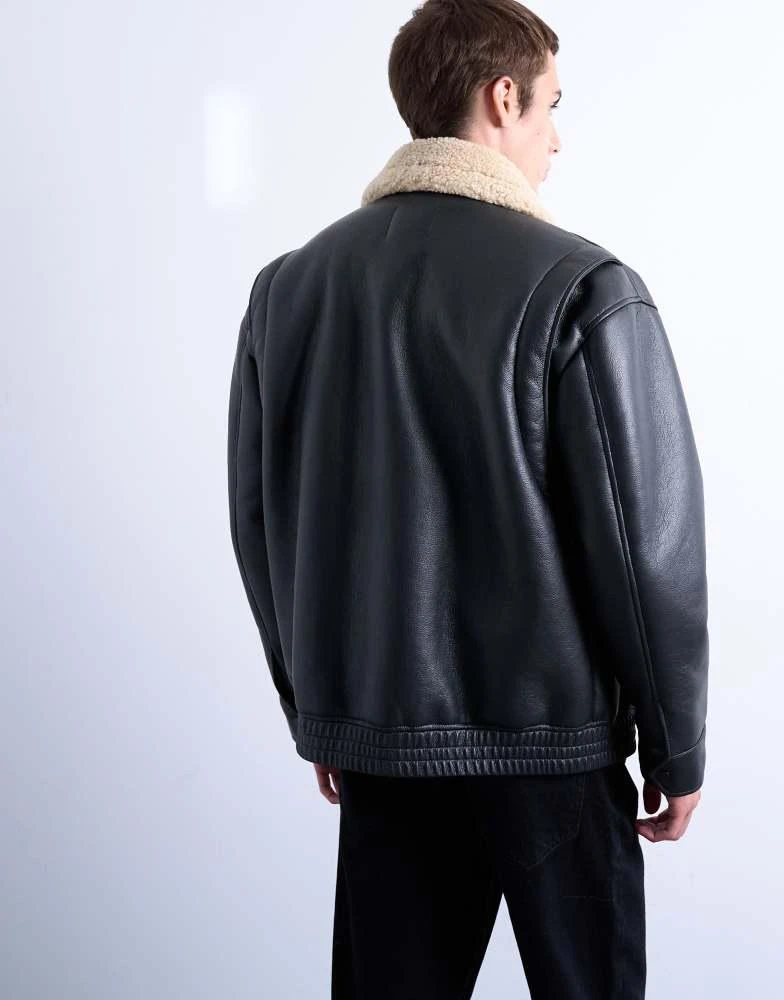 Topman Topman faux leather bomber jacket with shearling collar in black 4