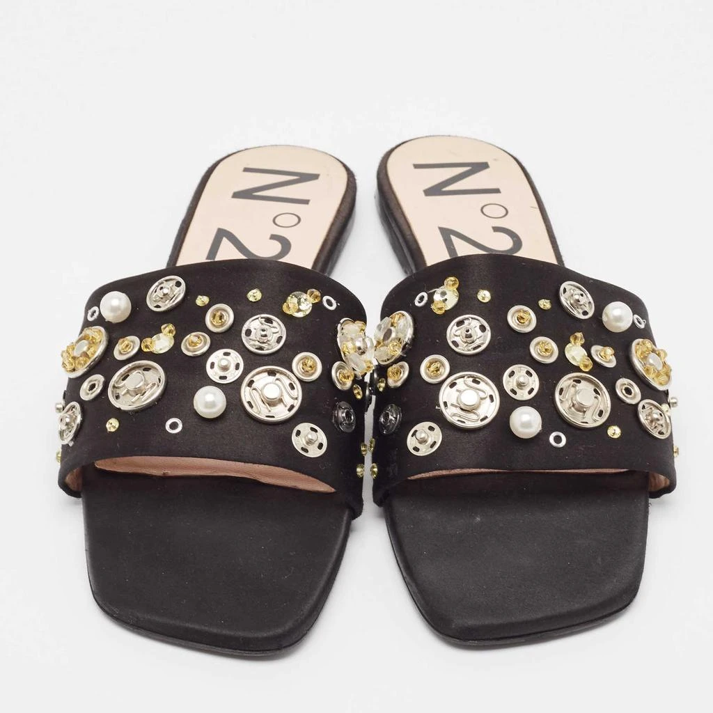 N°21 N21 Black Satin Embellished Flat Slides Size 39 3