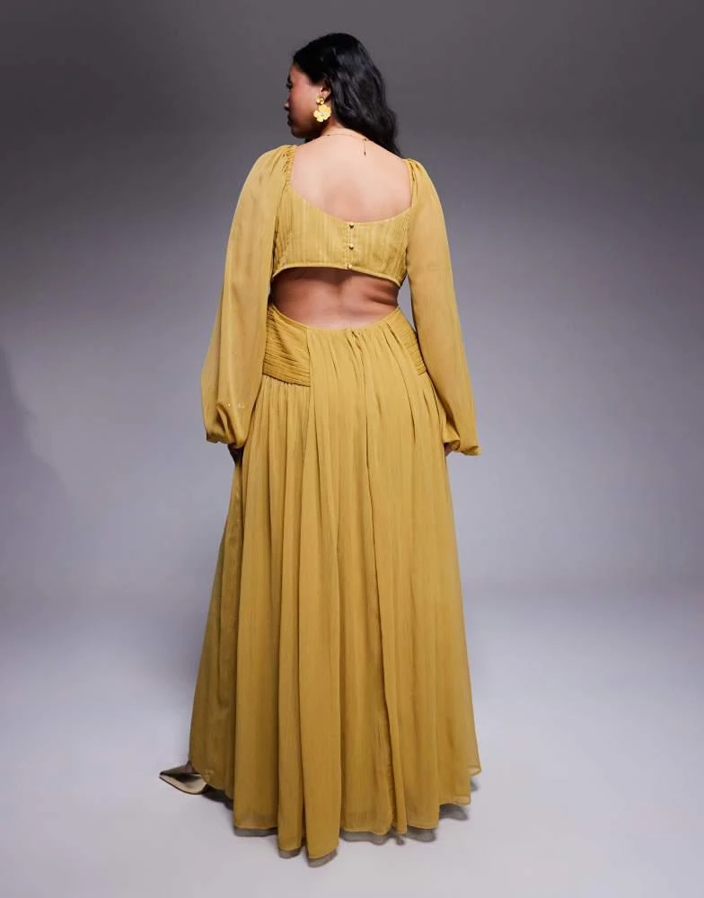 ASOS ASOS DESIGN Curve long sleeve cut out maxi dress with ruched skirt in olive green 3