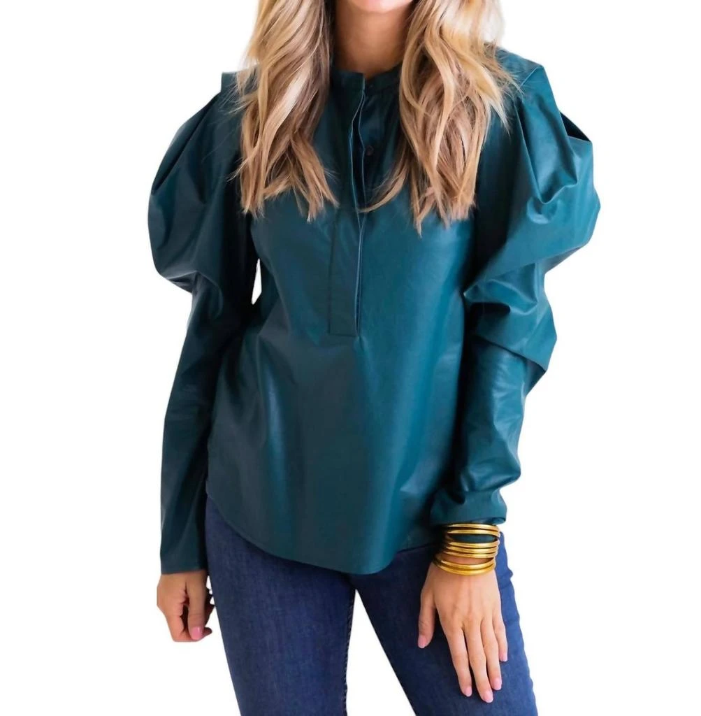 Karlie Faux Leather Puff Sleeve Top In Teal