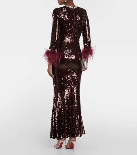 Self Portrait Feather-trimmed sequined maxi dress 3