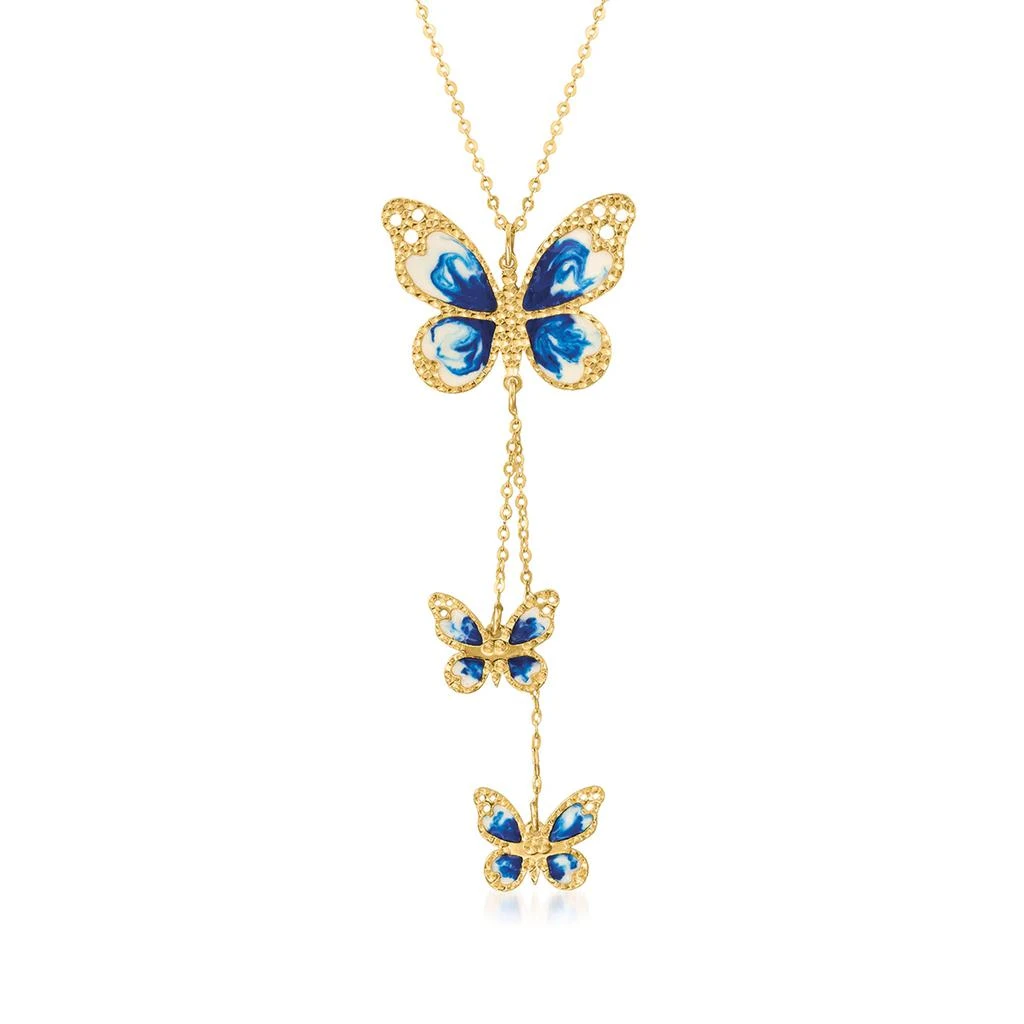 Ross-Simons Italian Blue and White Enamel Butterfly Necklace in 14kt Yellow Gold 1