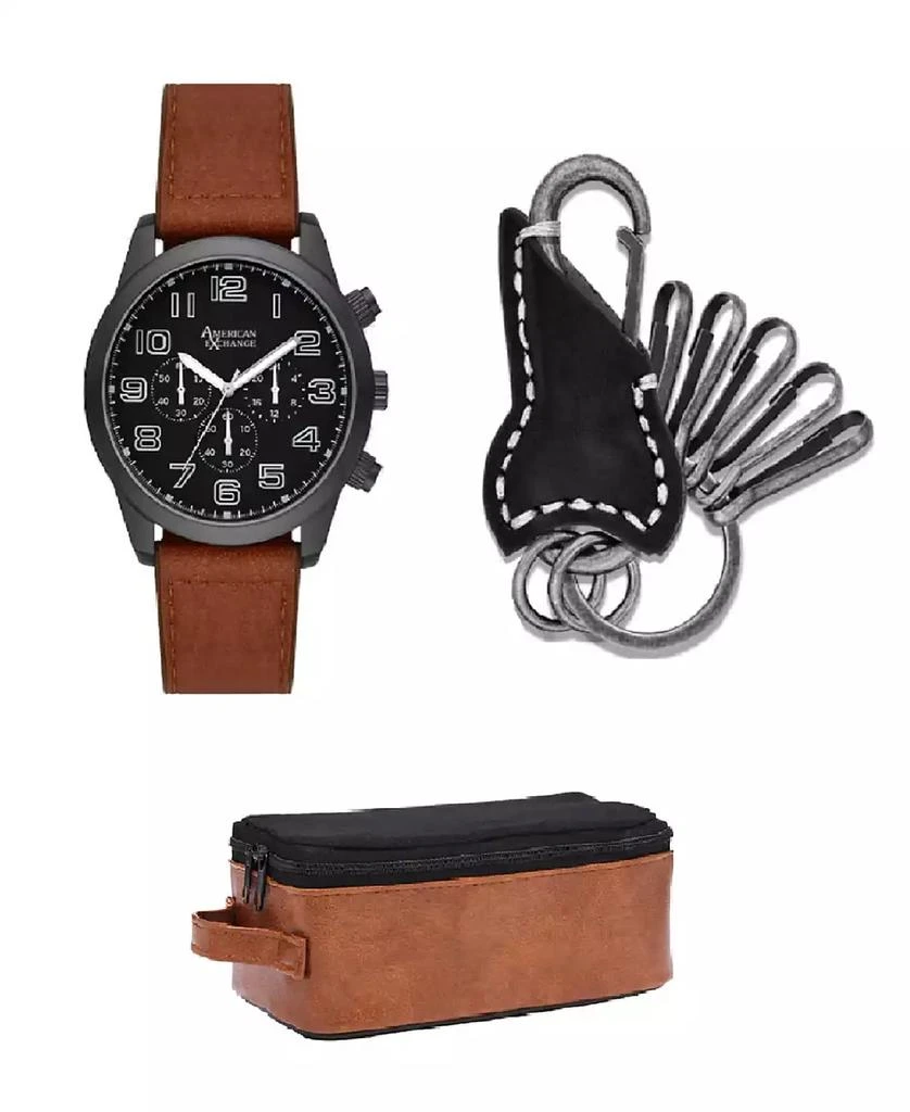 American Exchange Men's Quartz Cognac Polyurethane Leather Watch 48mm Gift Set 1
