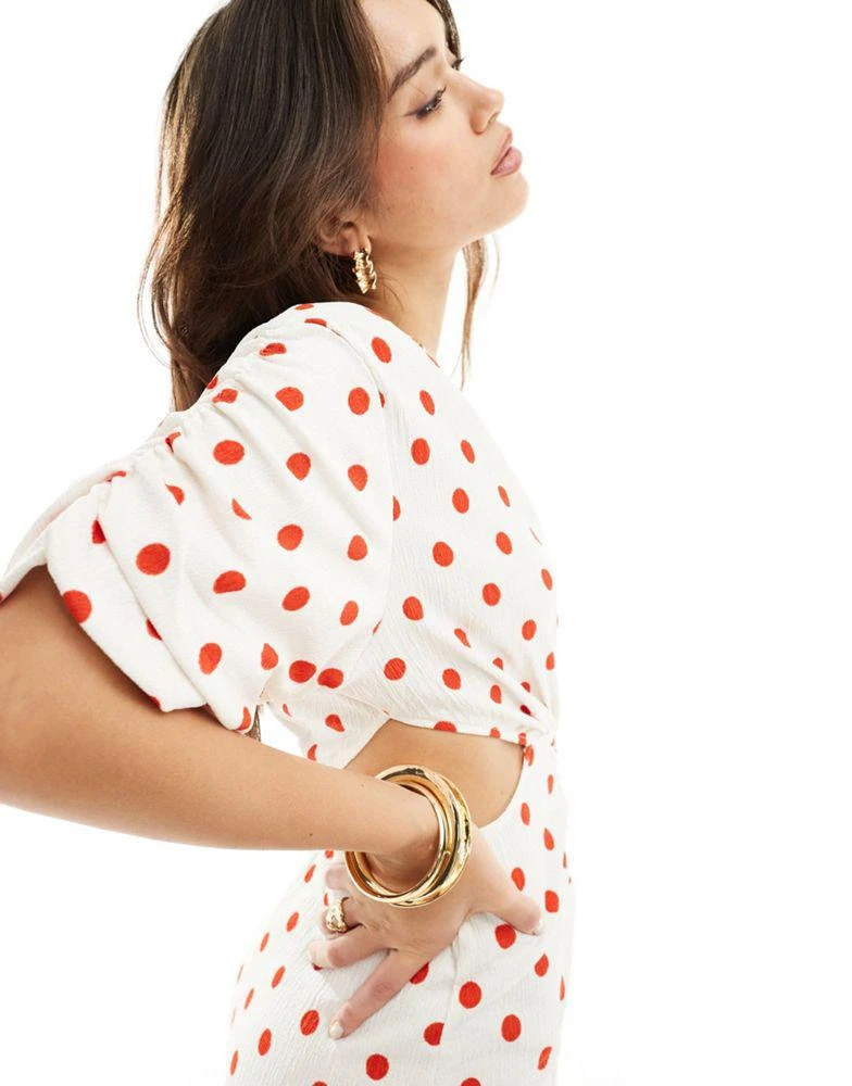 Y.A.S. YAS cut out side maxi dress with puff sleeve in white and red spot - MULTI 4