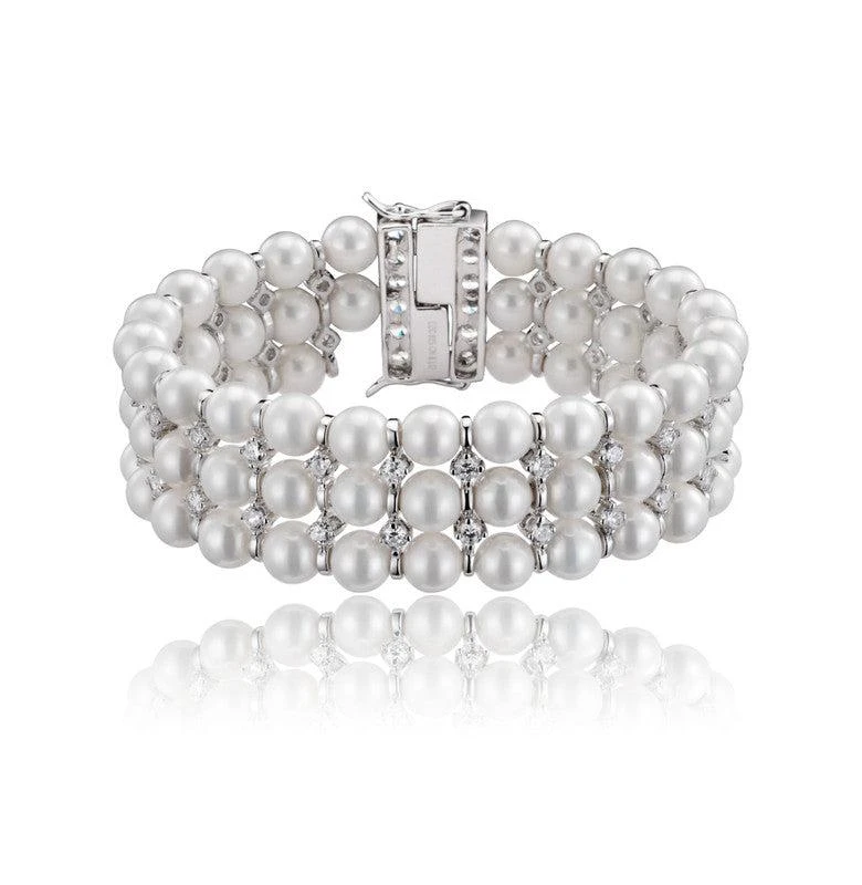 Genevive Sterling Silver White Gold Plated with Clear Cubic Zirconia 3 Row Pearl Bracelet