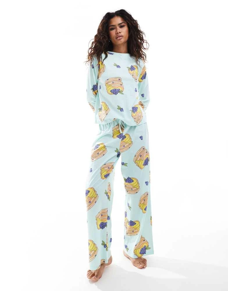 ASOS ASOS DESIGN pancakes long sleeve top & trouser pyjama set in blue 1
