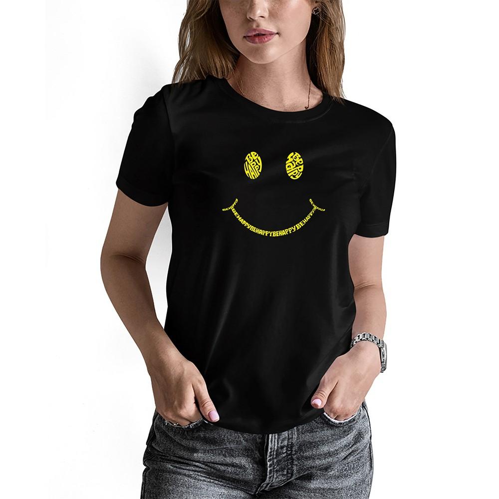 LA Pop Art Women's Be Happy Smiley Face Word Art T-shirt