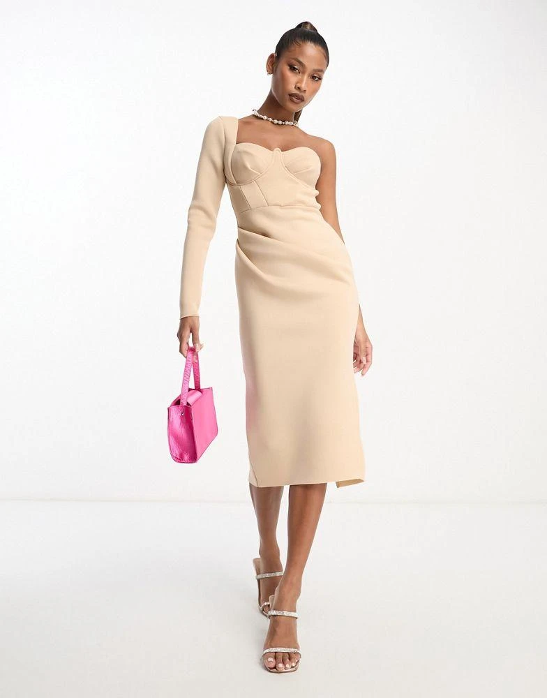 ASOS ASOS DESIGN one shoulder corset midi pencil dress in stone 1
